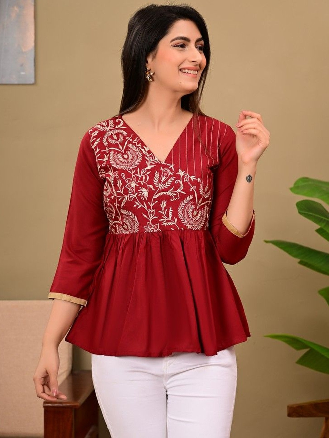 PALSIYA PRESENTS Women V-Neck Embroidered Peplum Top