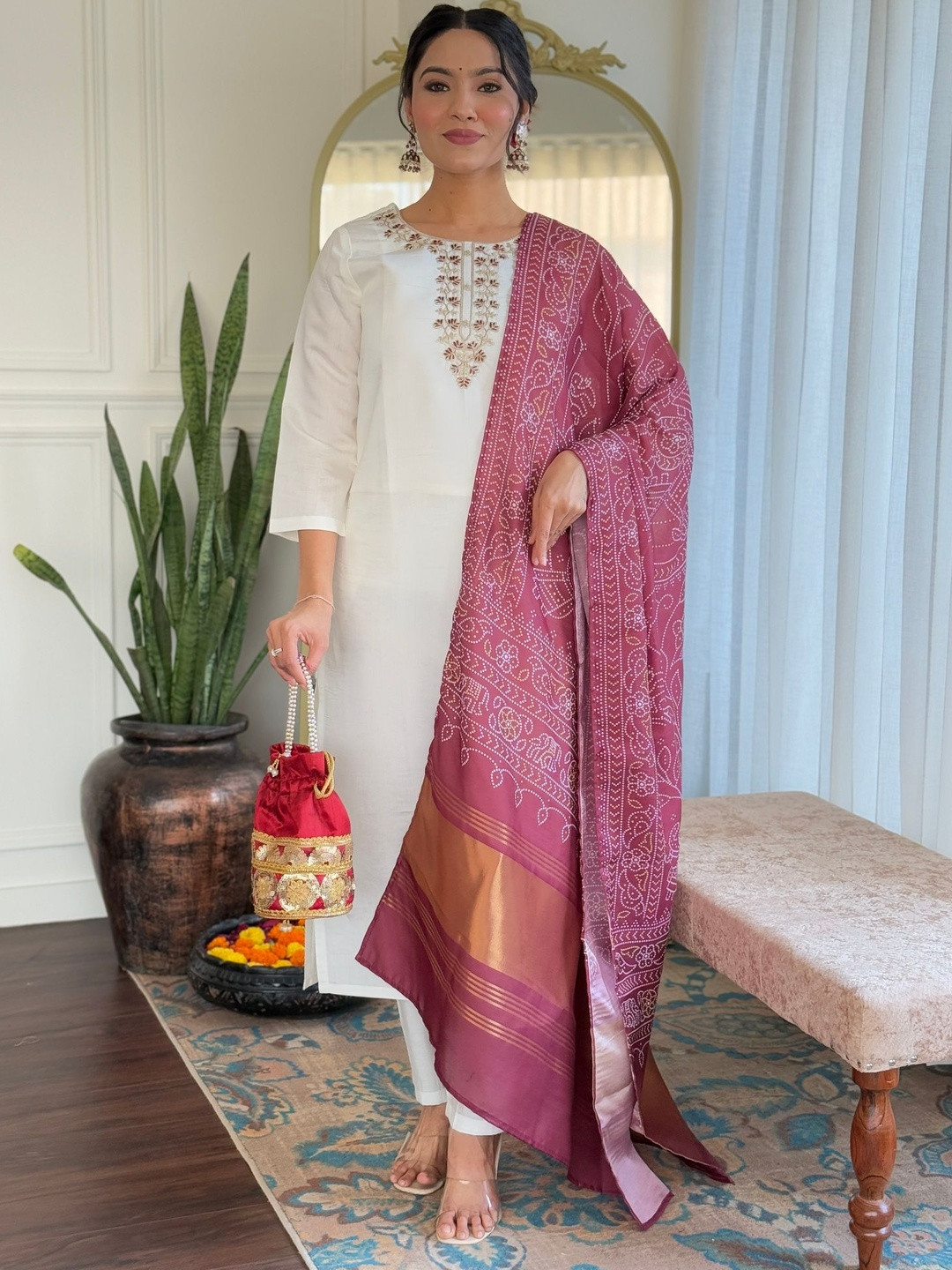 MEHARIKA Yoke Design Round Neck Thread Work Straight Kurta With Trousers & Dupatta