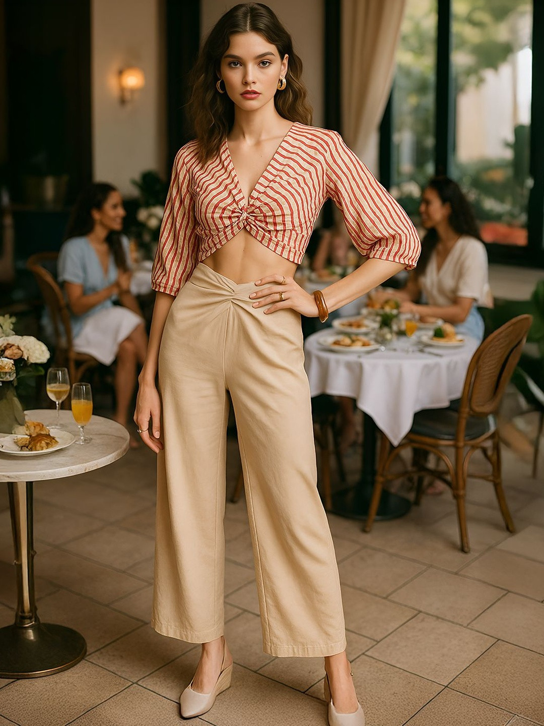 don't be basic Striped Puff Sleeve Twisted BlousonTop