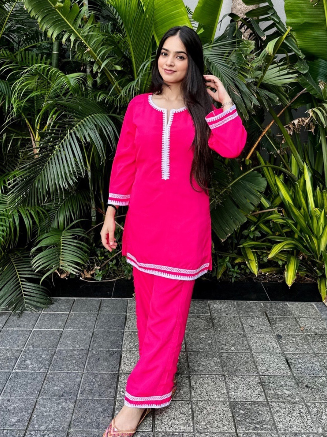 Akaya Berry Blush Notch Neck Tunic With Palazzo