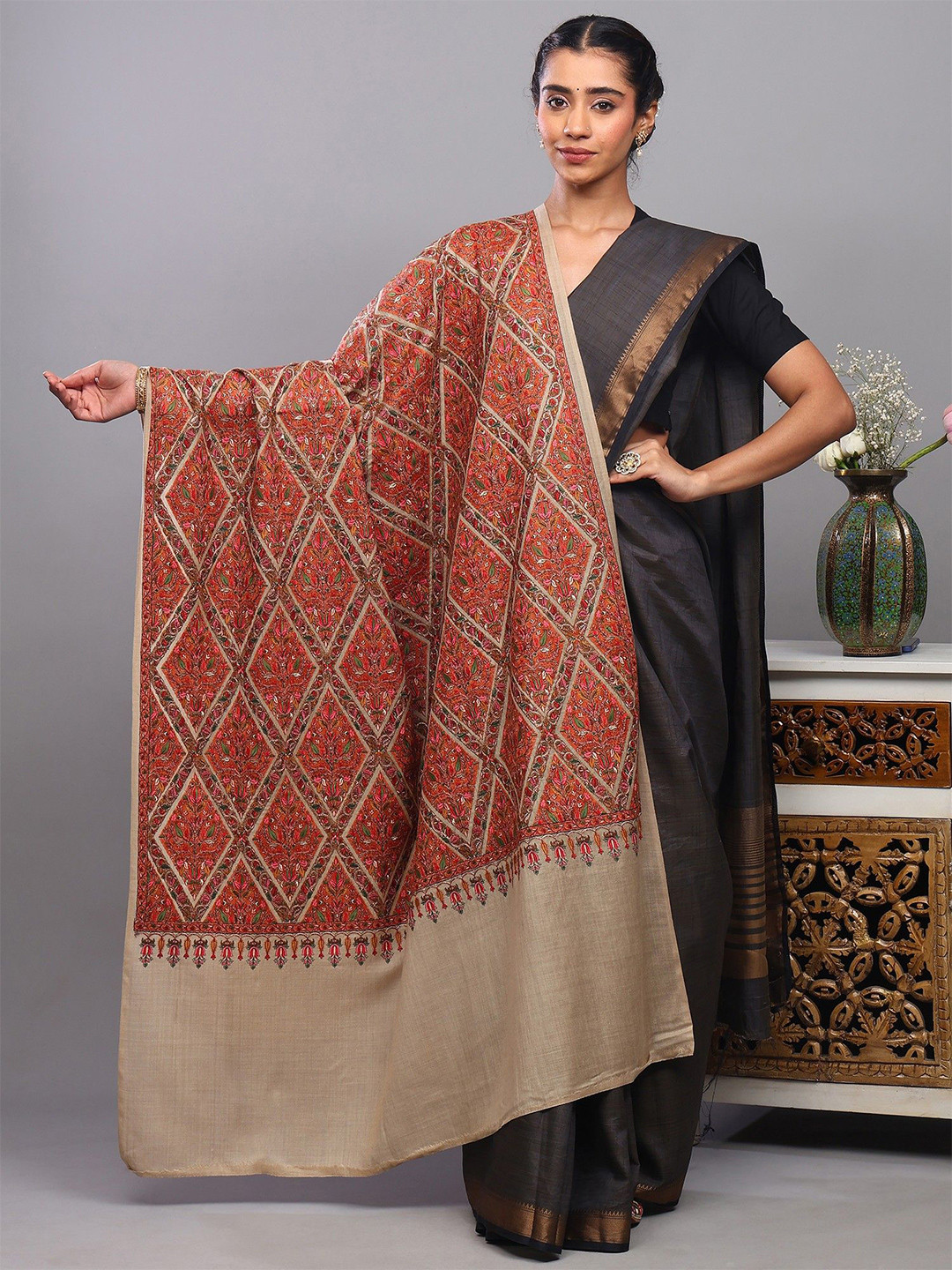 Exotic India Woollen Shawl From Punjab With Thread Embroidered Flowers In Diamond Pattern