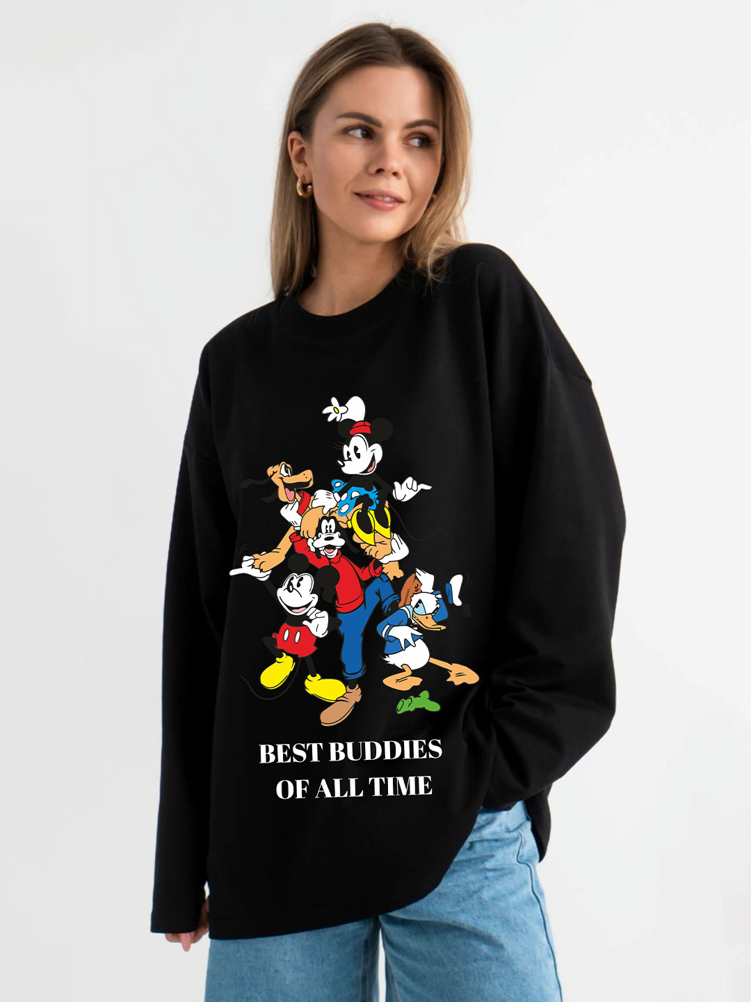 RAYACLOSET Women Mickey & Friends Printed Oversized Sweatshirt
