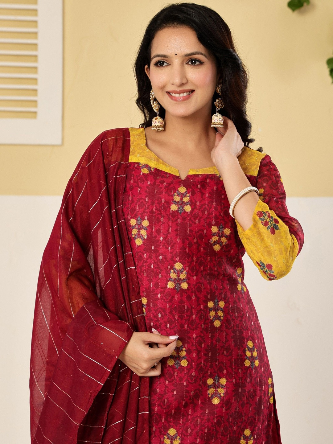 SUAAC Ethnic Motifs Printed Notch Neck Chanderi Silk Kurta With Trousers And Dupatta