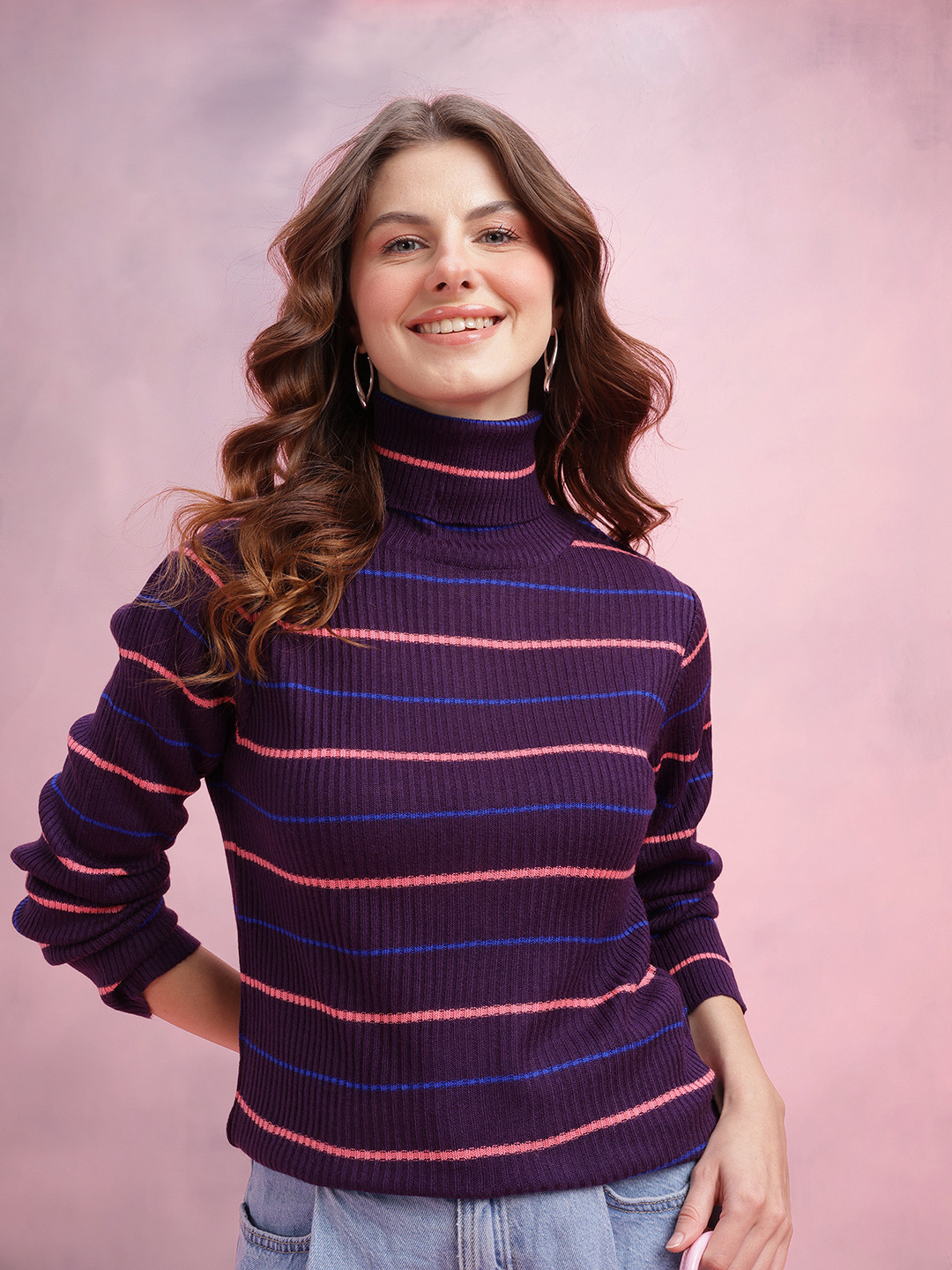 DressBerry Ribbed Horizontally Striped Turtle Neck Pullover