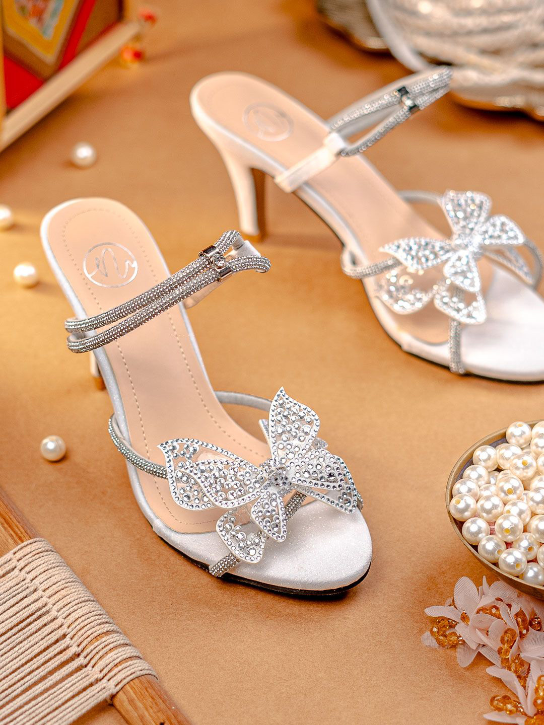 NR By Nidhi Rathi Women Shimmery Silver Stiletto Heels with Diamond & Butterfly Detailing