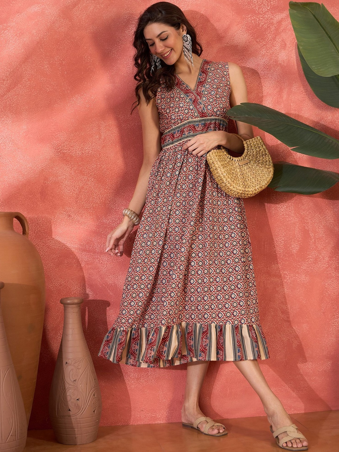 Sangria Print Ruffled Fit & Flare Midi Dress