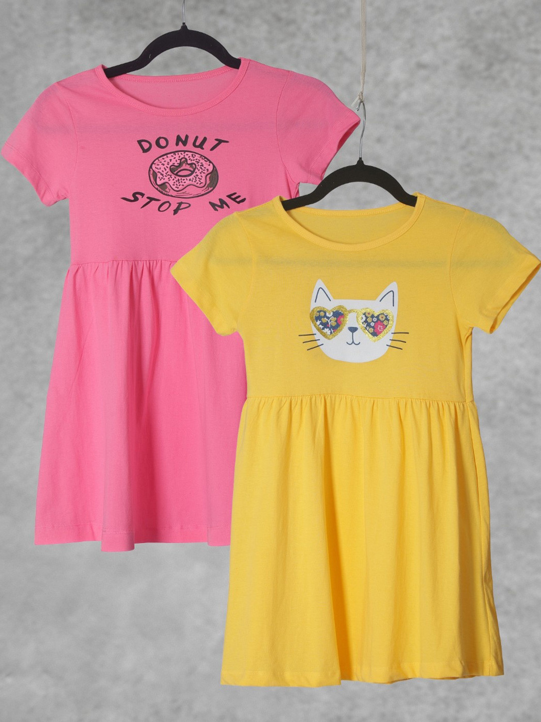 FAZZA Girls Pack Of 2 Printed Fit and Flare Cotton Dresses