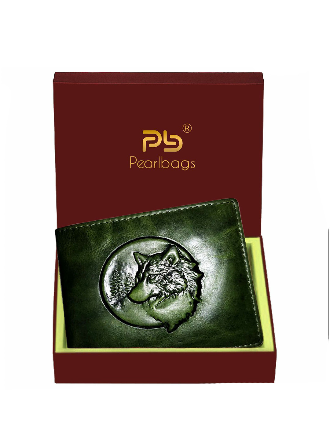 PB Pearlbags Men Wolf Engraved Leather Two Fold Wallet