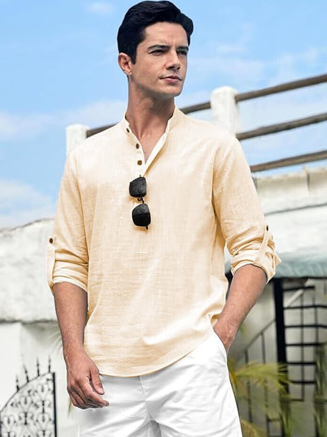 Edin Men Mandarin Collar Roll-Ups Sleeves Kurta