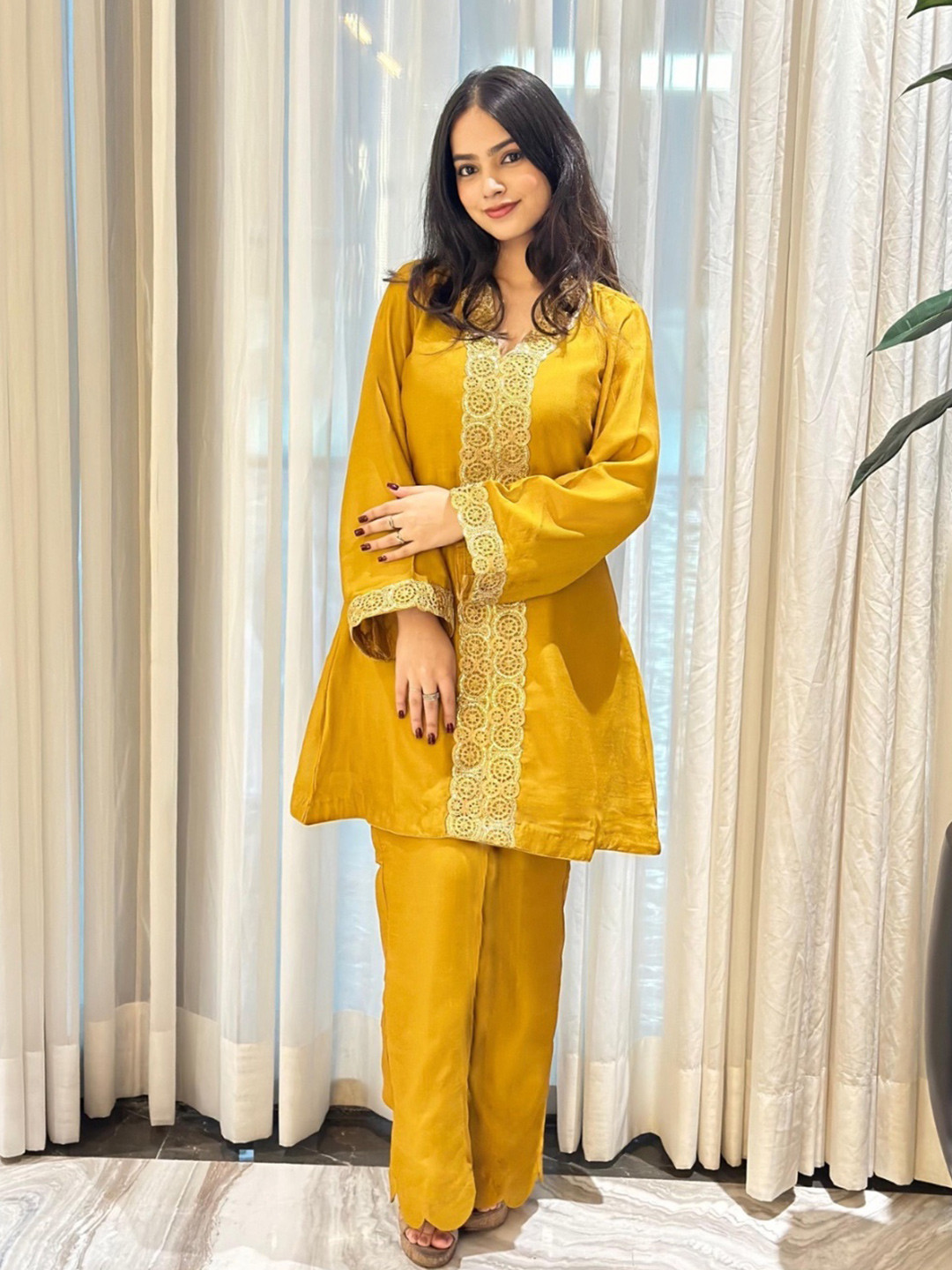 Akaya Embroidered V Neck Tunic With Trousers