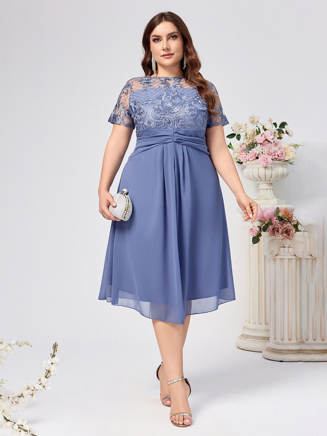 Sztori Women Lace Patchwork Boat Neck Dress