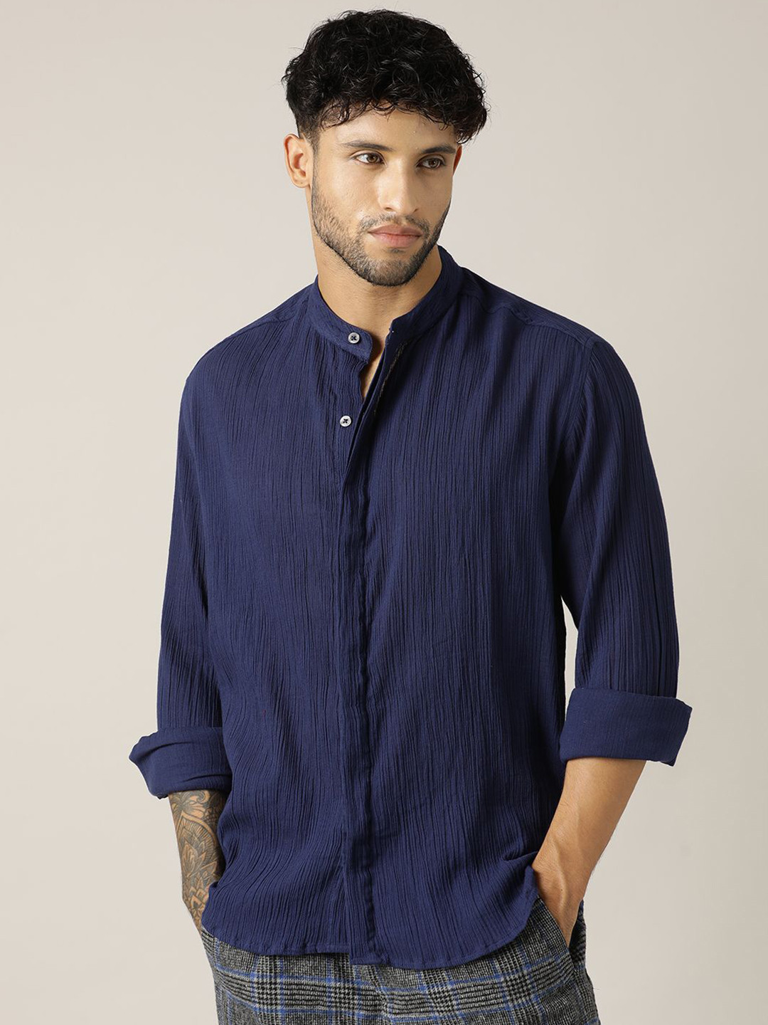 Paper Cut Relaxed Fit Textured Band Collar Cotton Shirt
