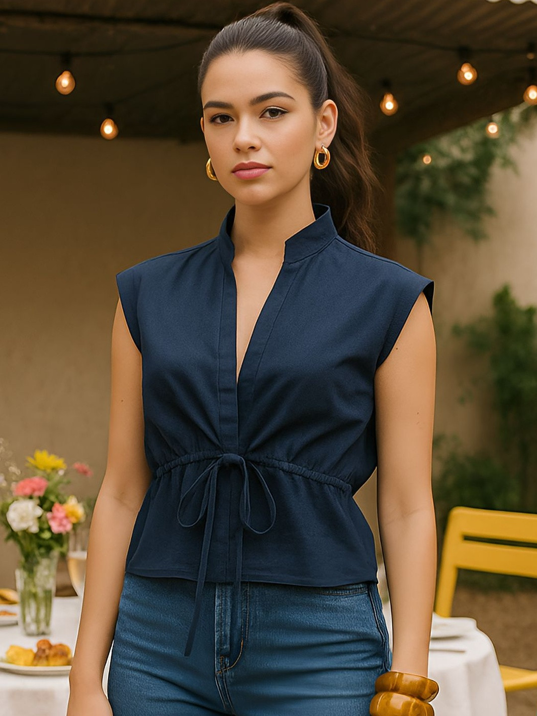 don't be basic Women Mandarin Collar Cotton Shirt Style Top