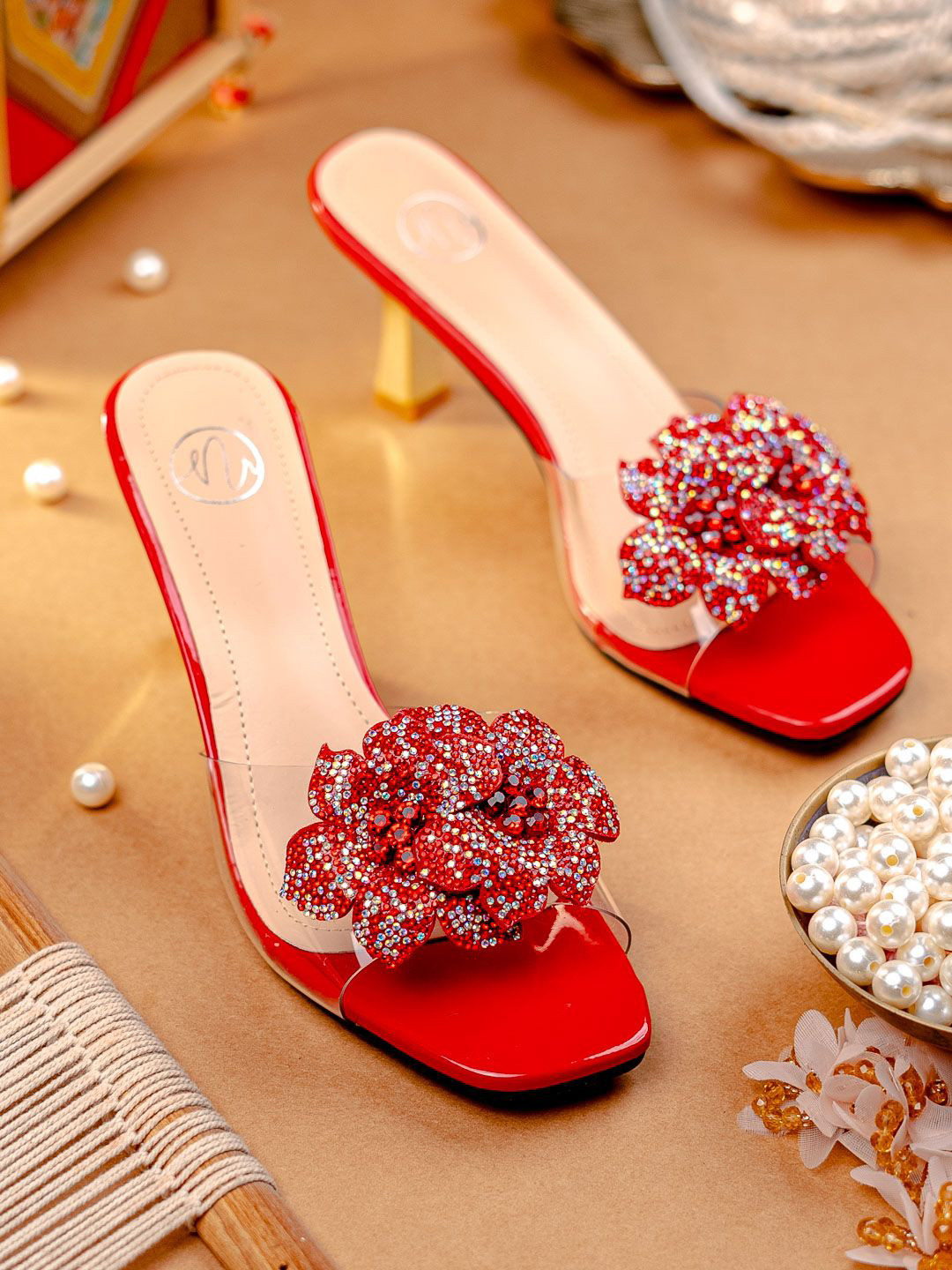 NR By Nidhi Rathi Women Red Slim Heels with Transparent Upper & Diamond Floral Detailing