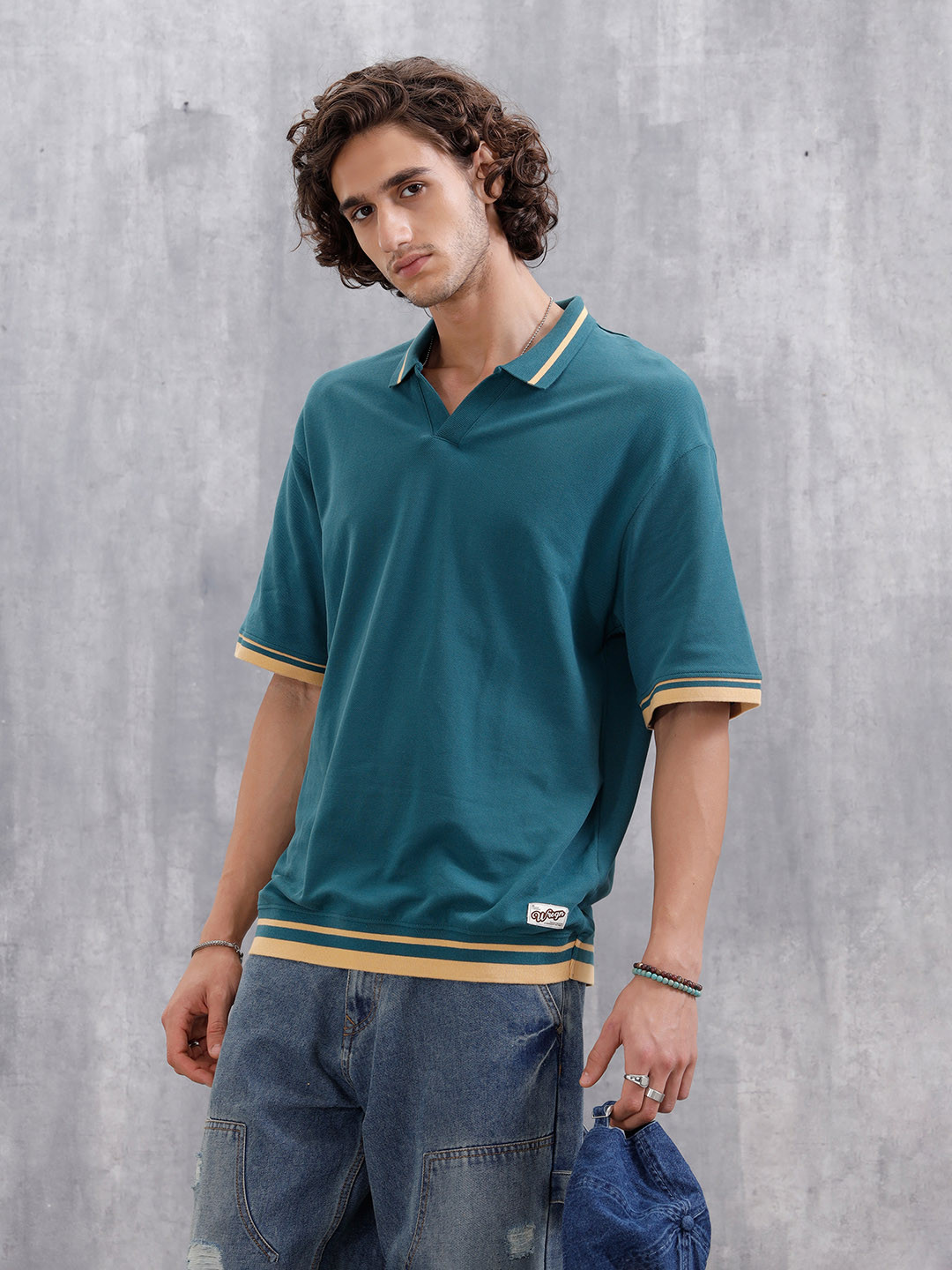 WROGN Men Teal Polo Collar Relaxed Fit Short Sleeves T-shirt