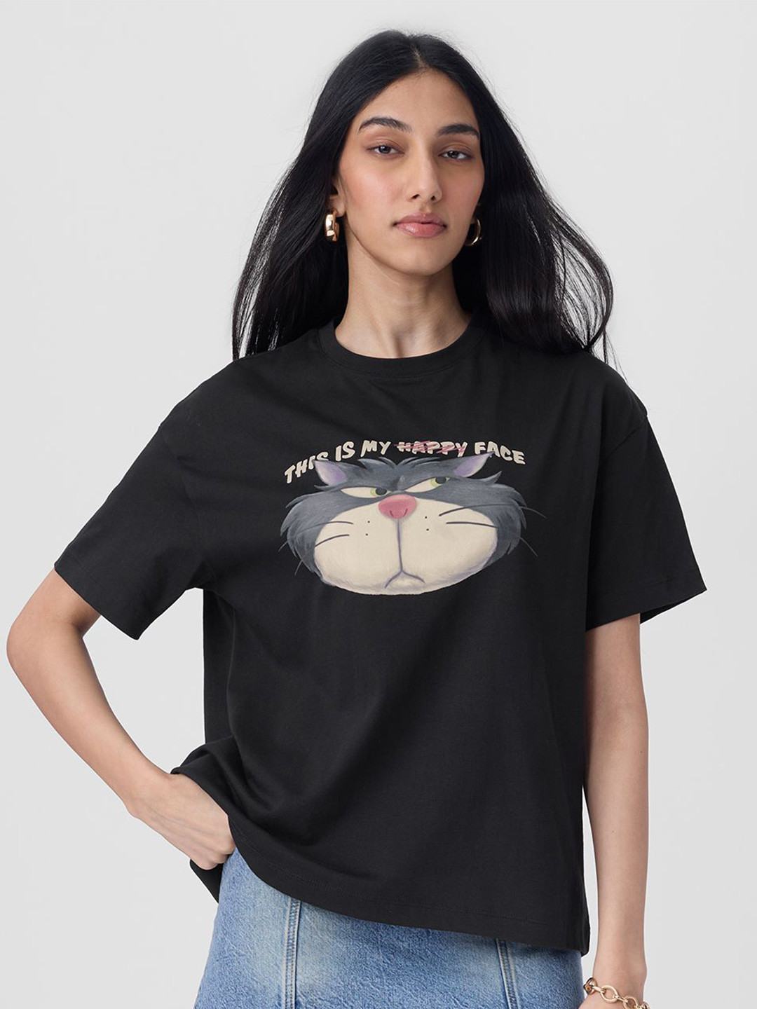 The Souled Store Womens Disney Printed Black Oversized T-Shirts