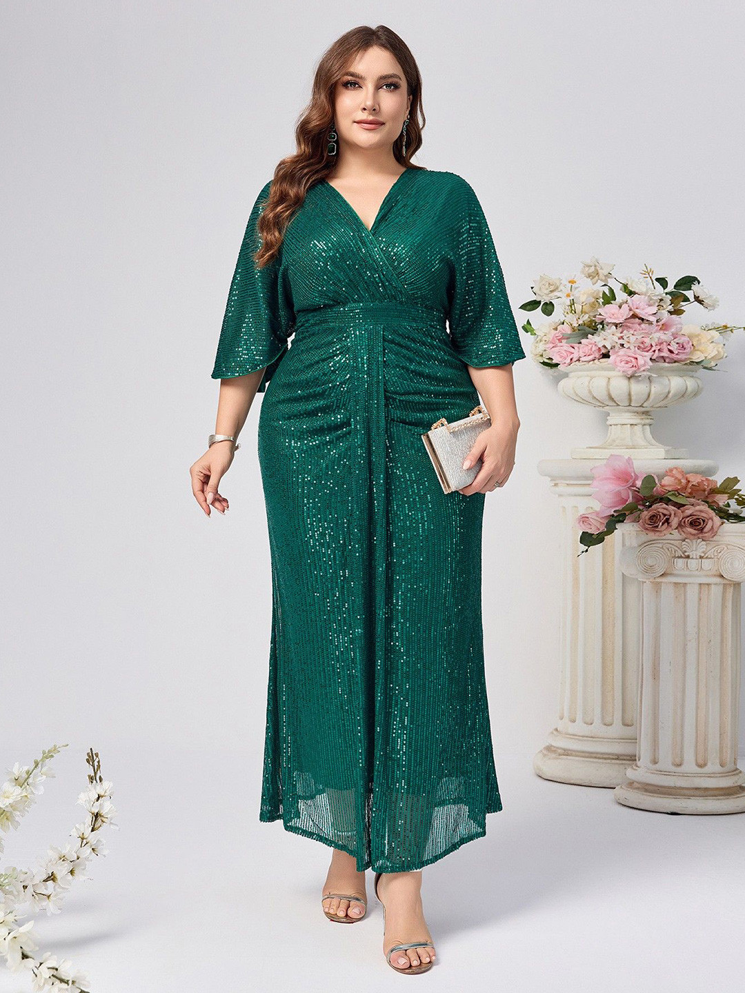 Sztori Green Poly With Sequence V-Neck Embellished Dress