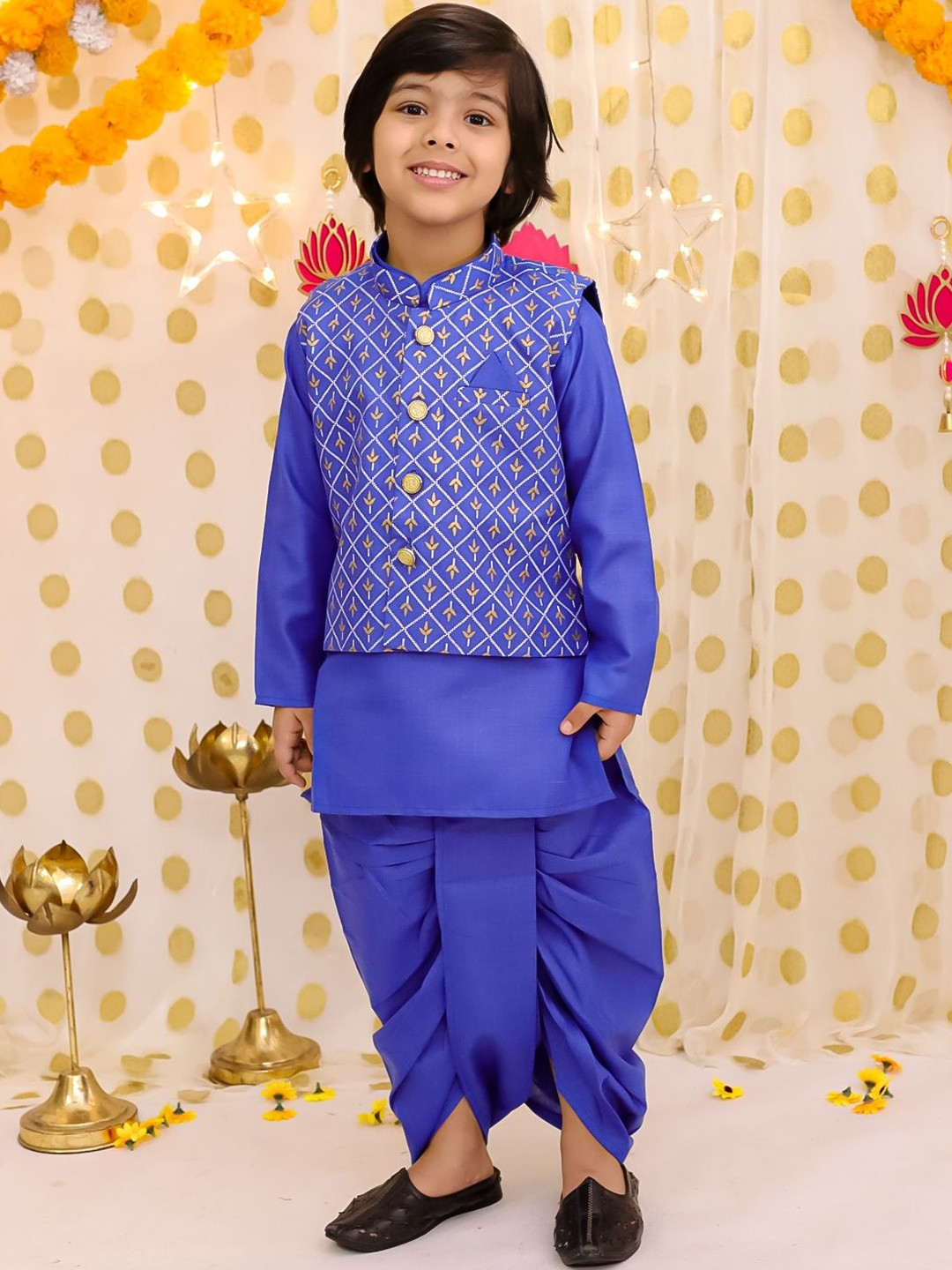 BownBee Boys Mandarin Collar Linen Kurta With Dhoti Pants And Jacket