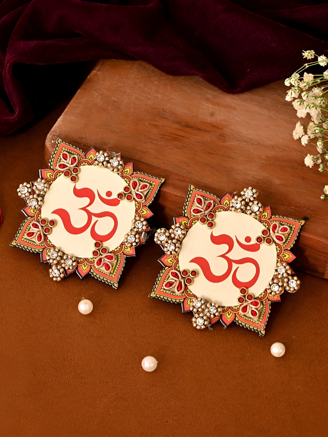 Aapno Rajasthan 2 Pieces Red & White OM Design Wall Accents Festive Decor