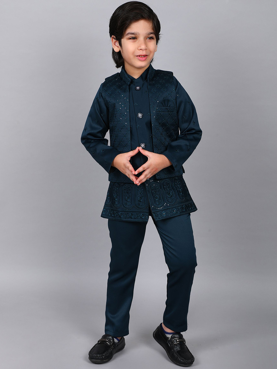 BAESD Boys Floral Embroidered Indo Western Single-Breasted Three-Piece Suit