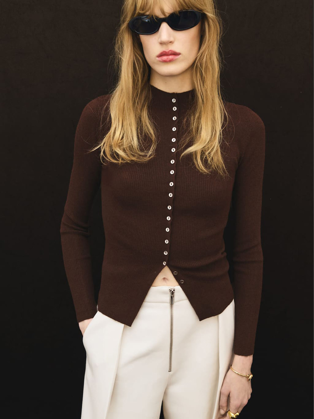 MANGO Ribbed High Neck Buttoned Cardigan