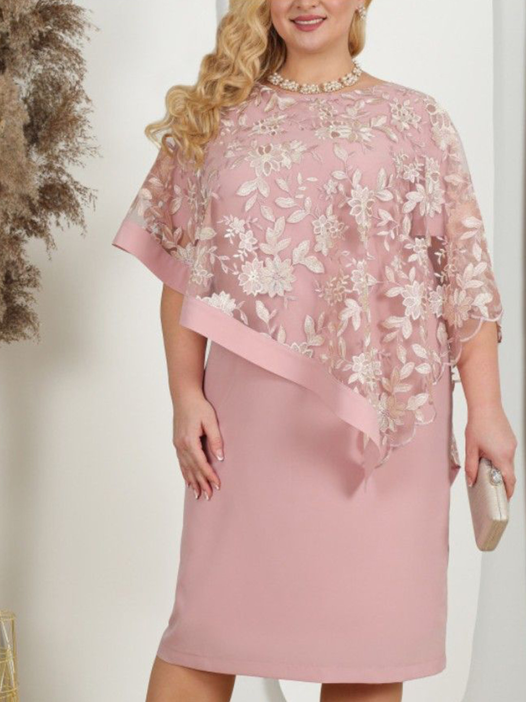 Sztori Floral Women Pink Polyester Lace Round Neck Embroidered Cape Sleeve Dress