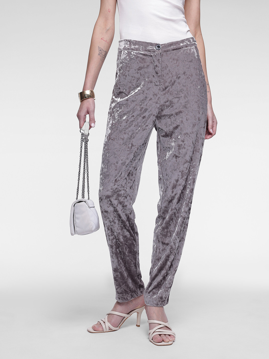 French Connection Women Velvet Finish High-Rise Trousers