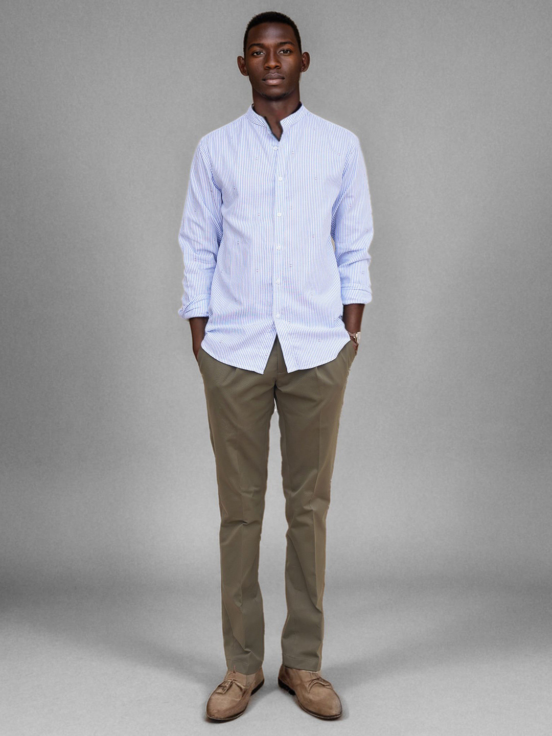 BARE BROWN Men Vertical Striped Band Collar Cotton Casual Shirt