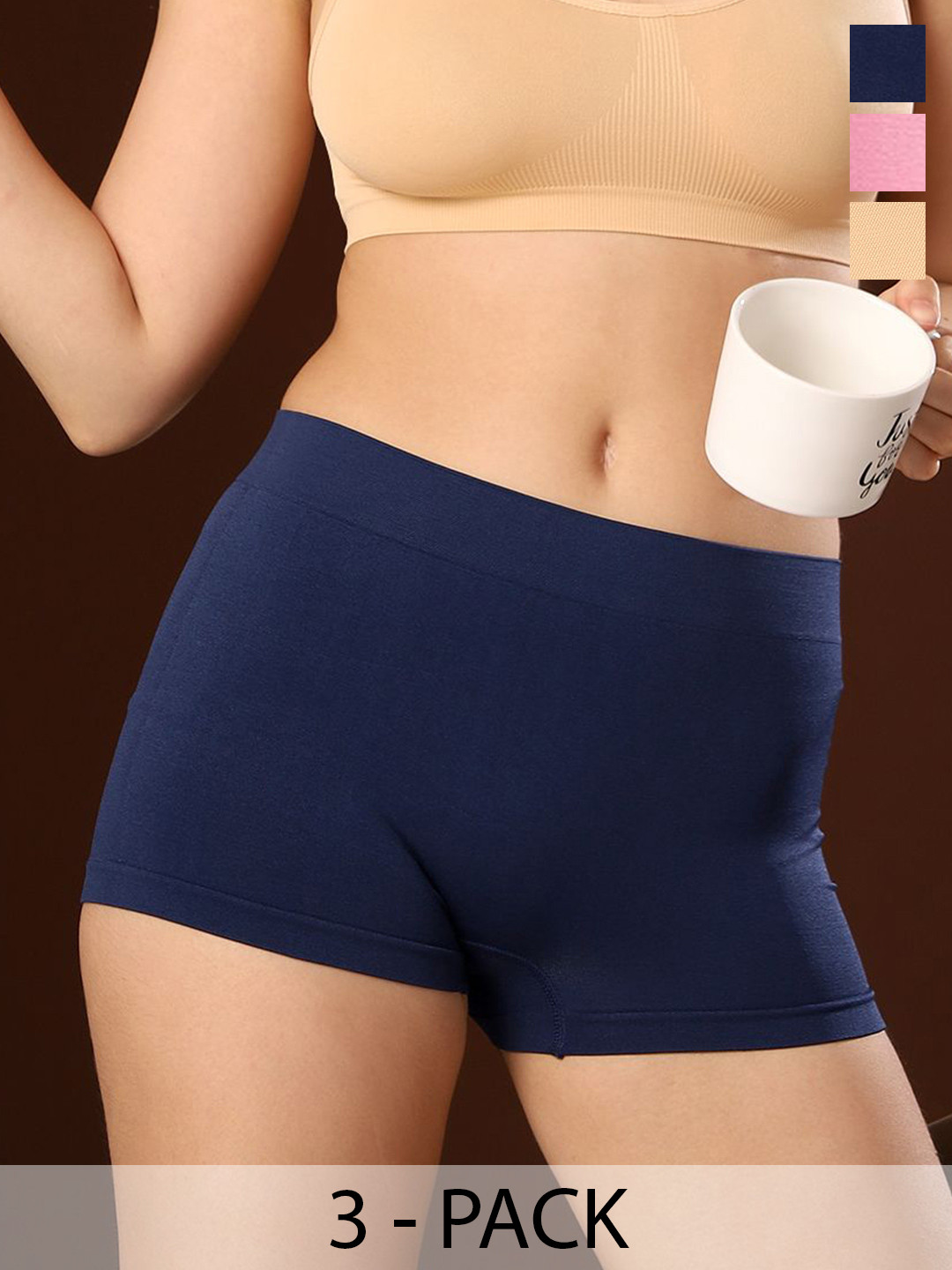 PAAVKI Women Pack of 3 Mid-Rise Boyshorts Briefs HalfNicker_Pink/Beige/Navy