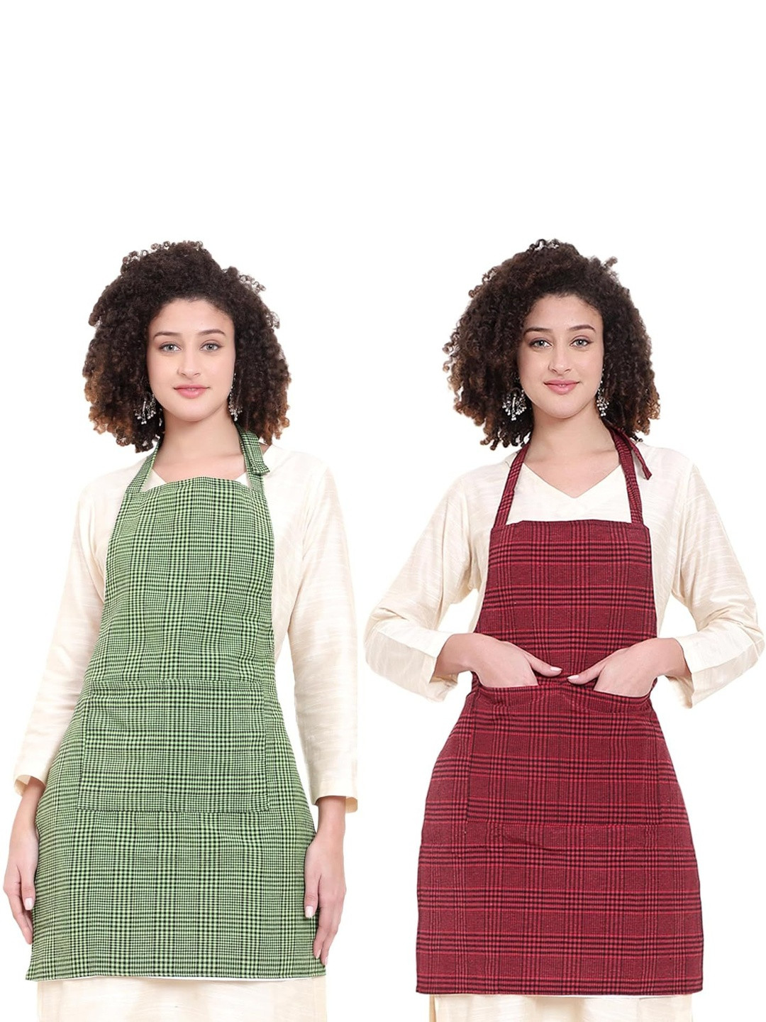 DESNUDA Pack of 2 Kitchen Checkered Chef's Apron with 2 Pockets & Adjustable Strap