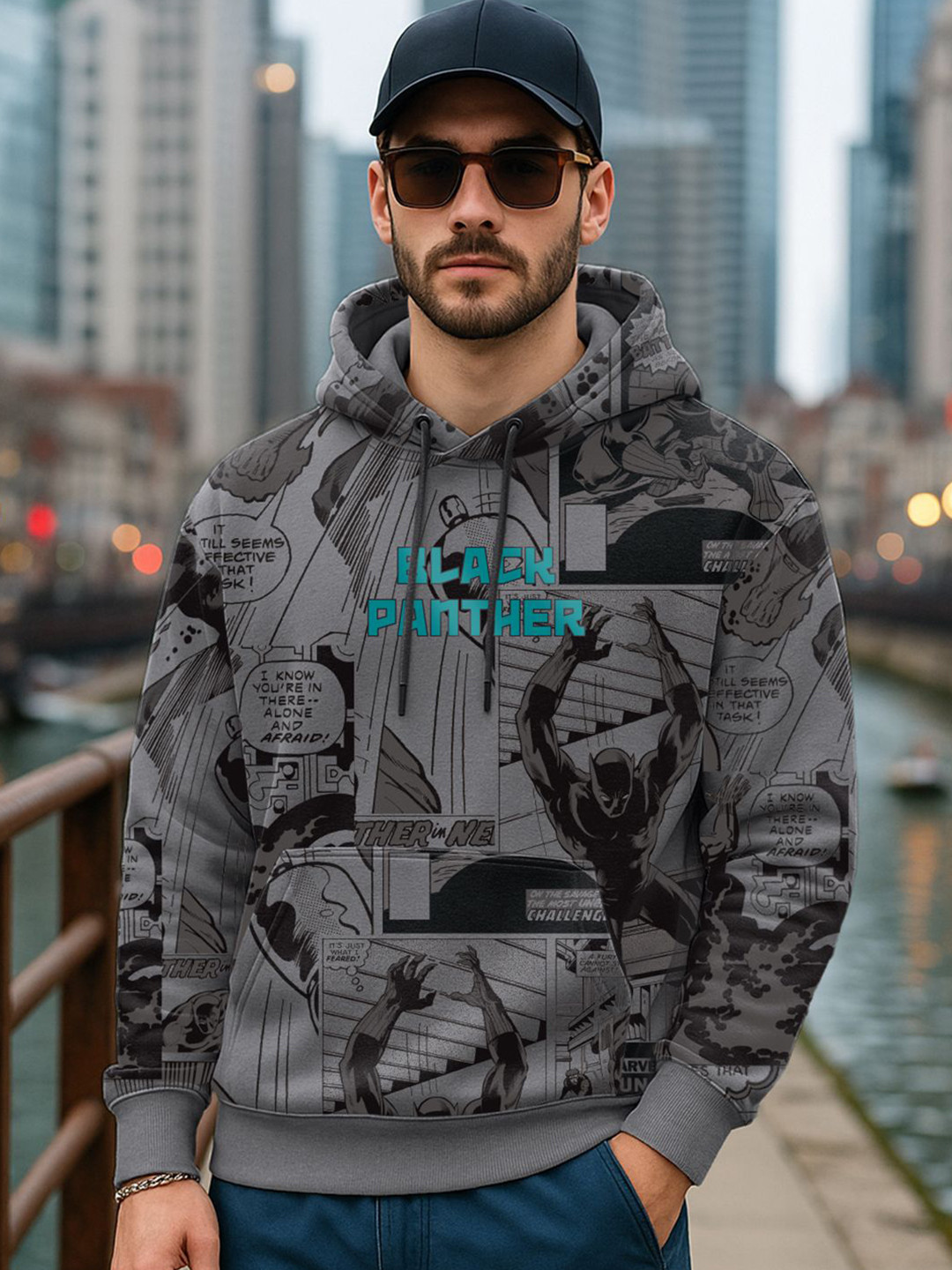 Bewakoof Official Marvel Merchandise Men's Grey All Over Printed Oversized Hoodies