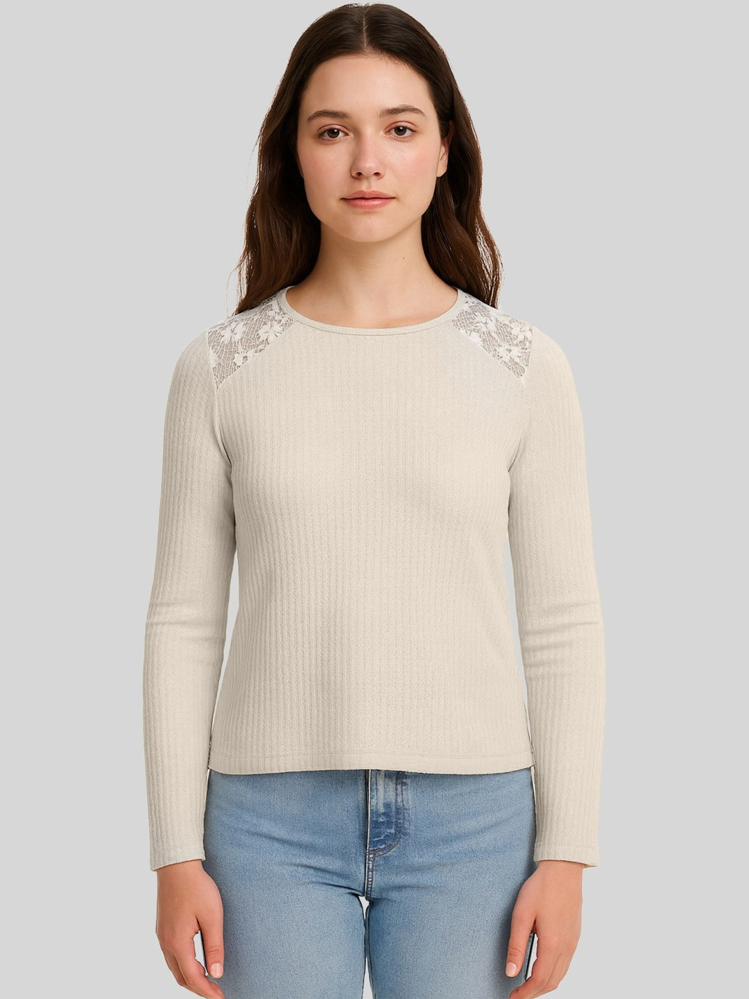LULU & SKY Women Off White Ribbed Lace Insert Top