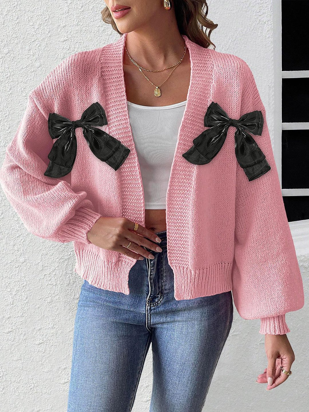 StyleCast x Revolte Women Cable Knit Bow Cardigan
