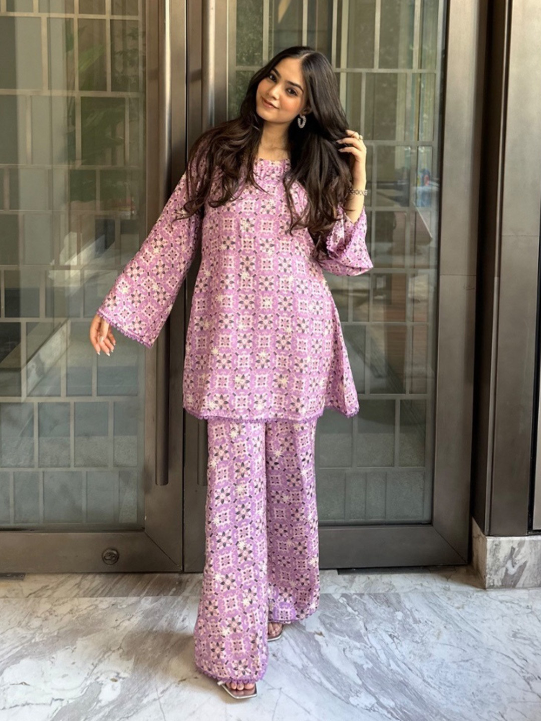 Akaya Lush Lilac Printed Round Neck Pure Cotton Tunic With Palazzos