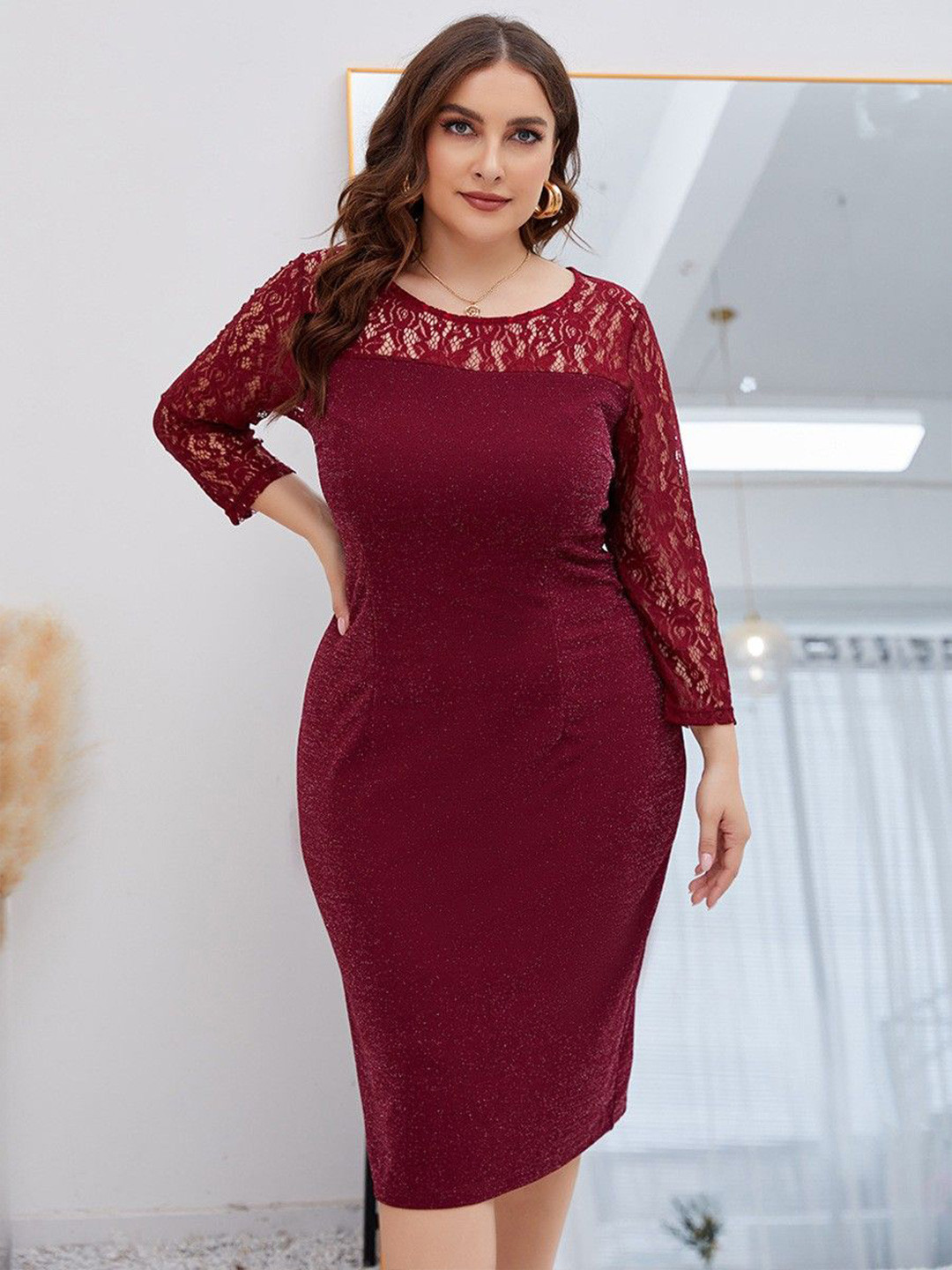 Sztori Red Poly + Lace Round Neck Solid Dress