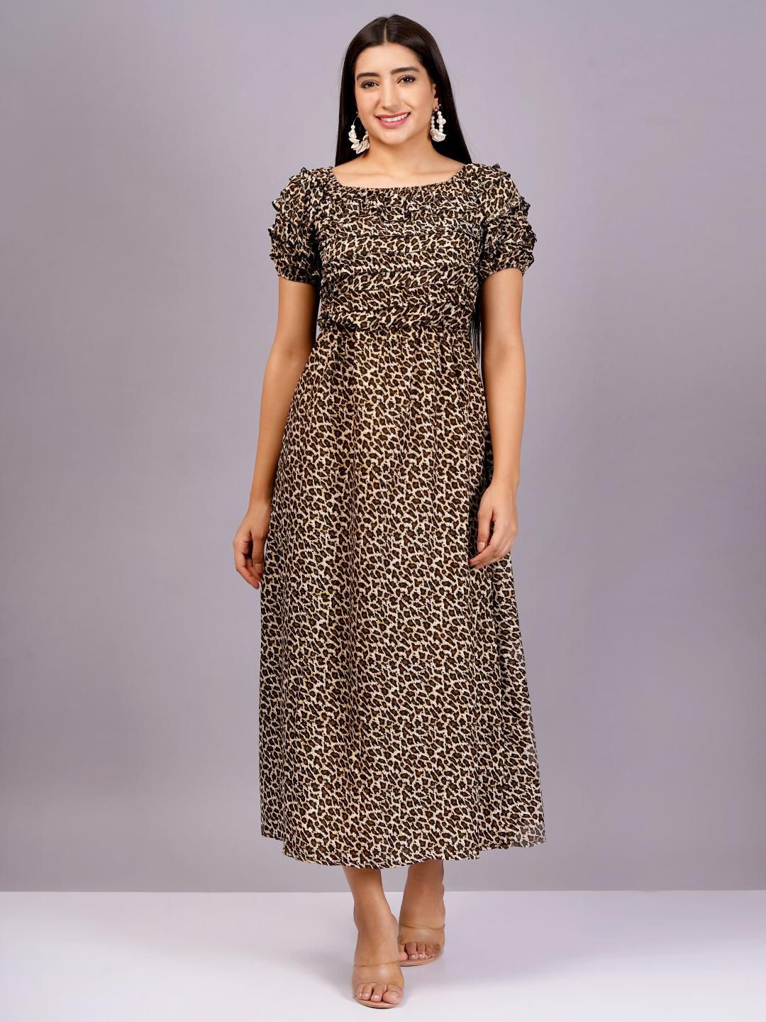 JC4U Leopard Animal Printed Puff Sleeves Fit & Flare Midi Dress