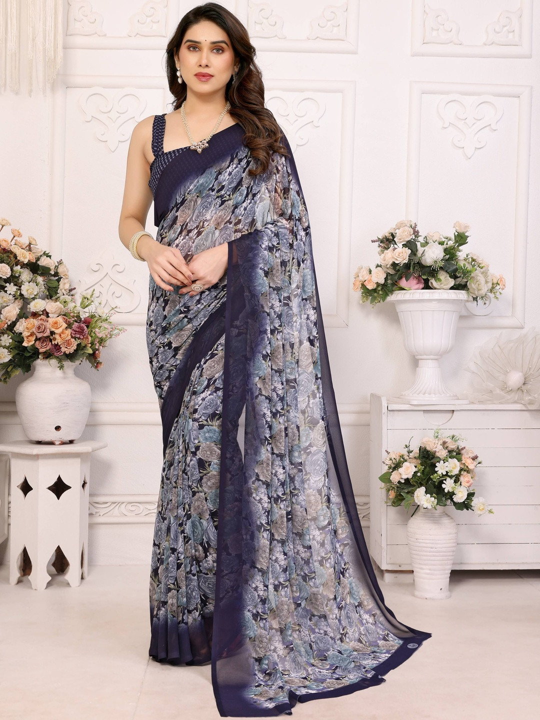 HERE&NOW Floral Pure Georgette Fashion Saree