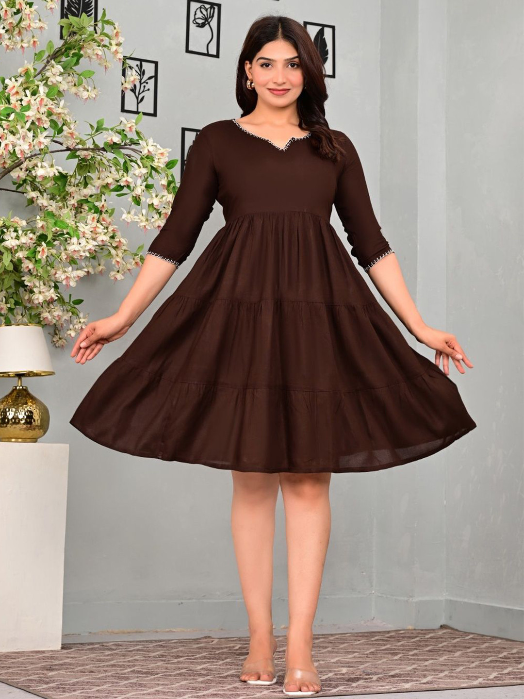 GREAT SELLER Solid Ruffled Fit and Flare Knee Length Dress