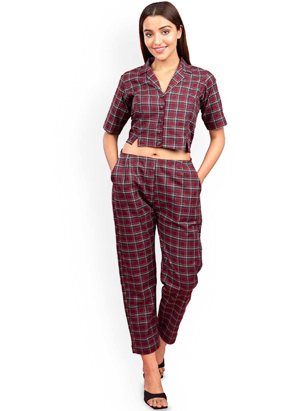 Purple Haze Checked Pure Cotton Shirt Collar Top With Trouser