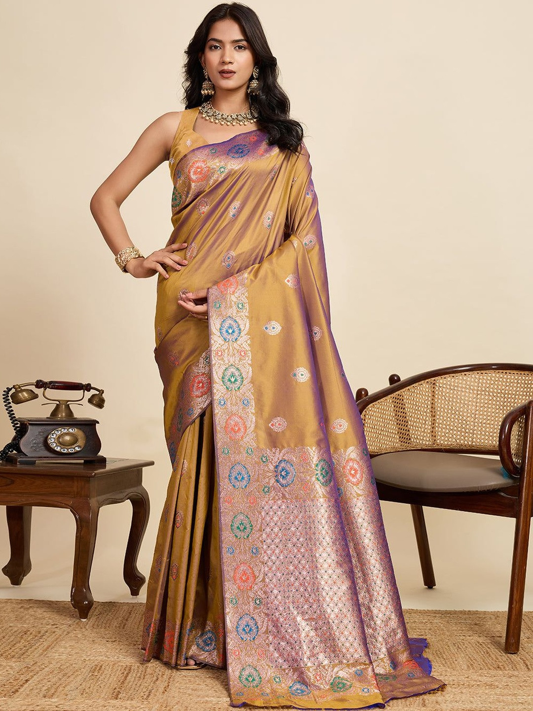 all about you Ethnic Motifs Zari Woven Jacquard Saree With Unstiched Blouse
