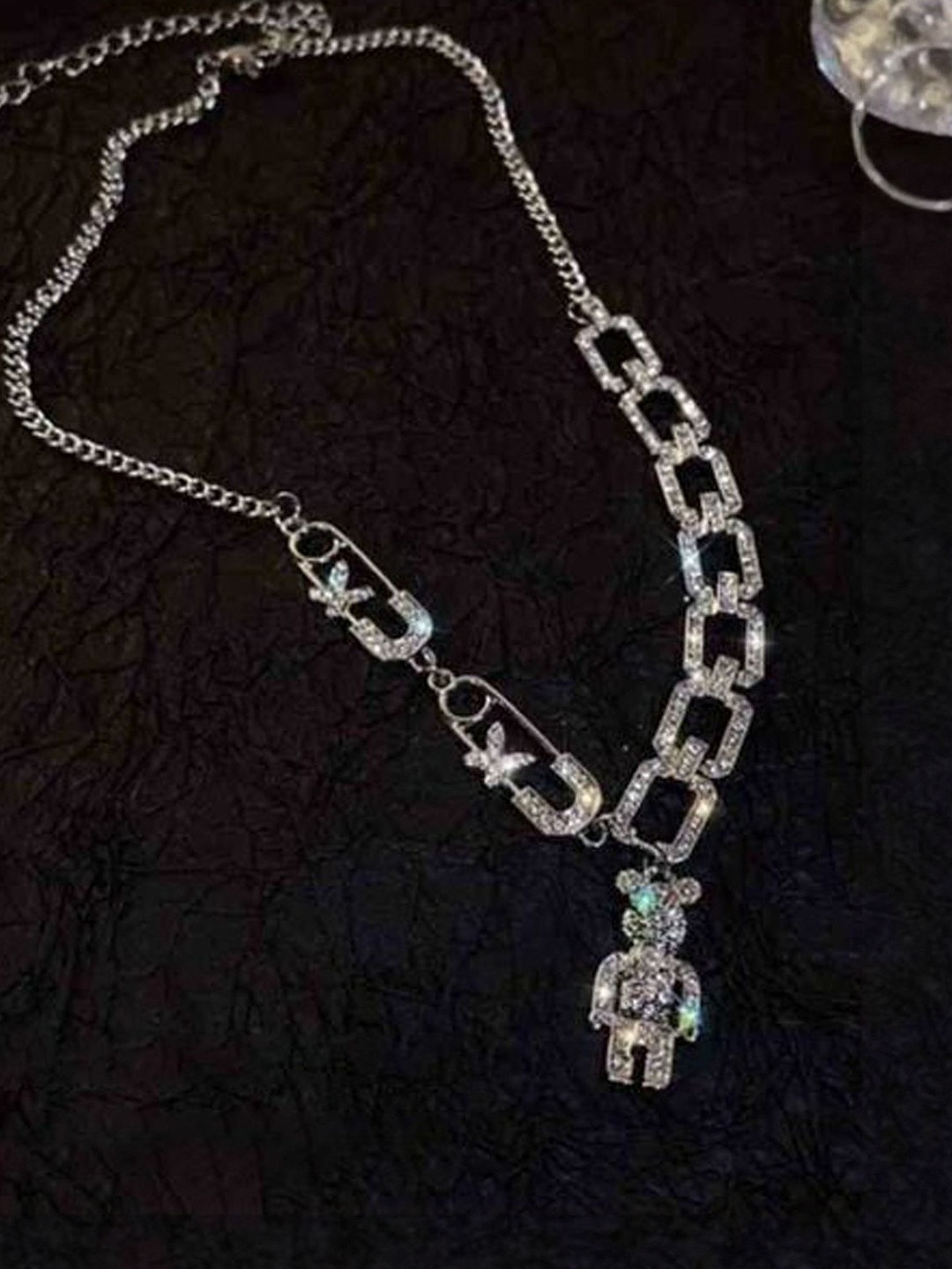 FIMBUL Silver-Plated Crystals Studded Link Chain Necklace