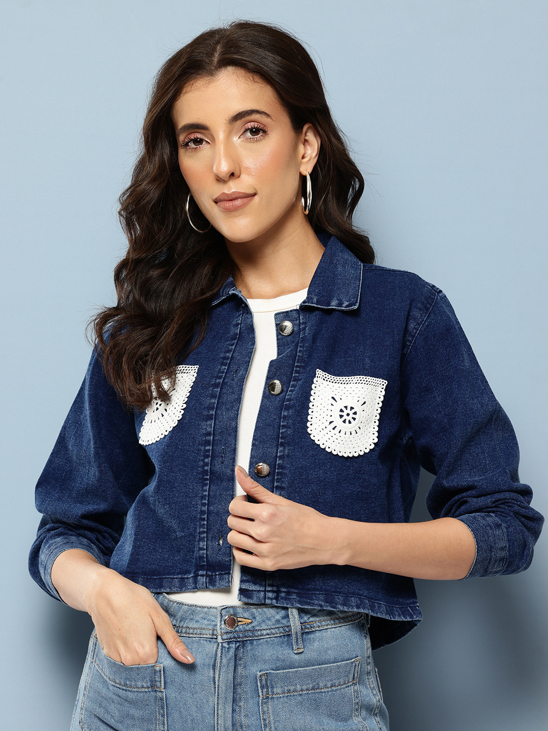 Aarika Crochet Applique Detail Crop Denim Jacket