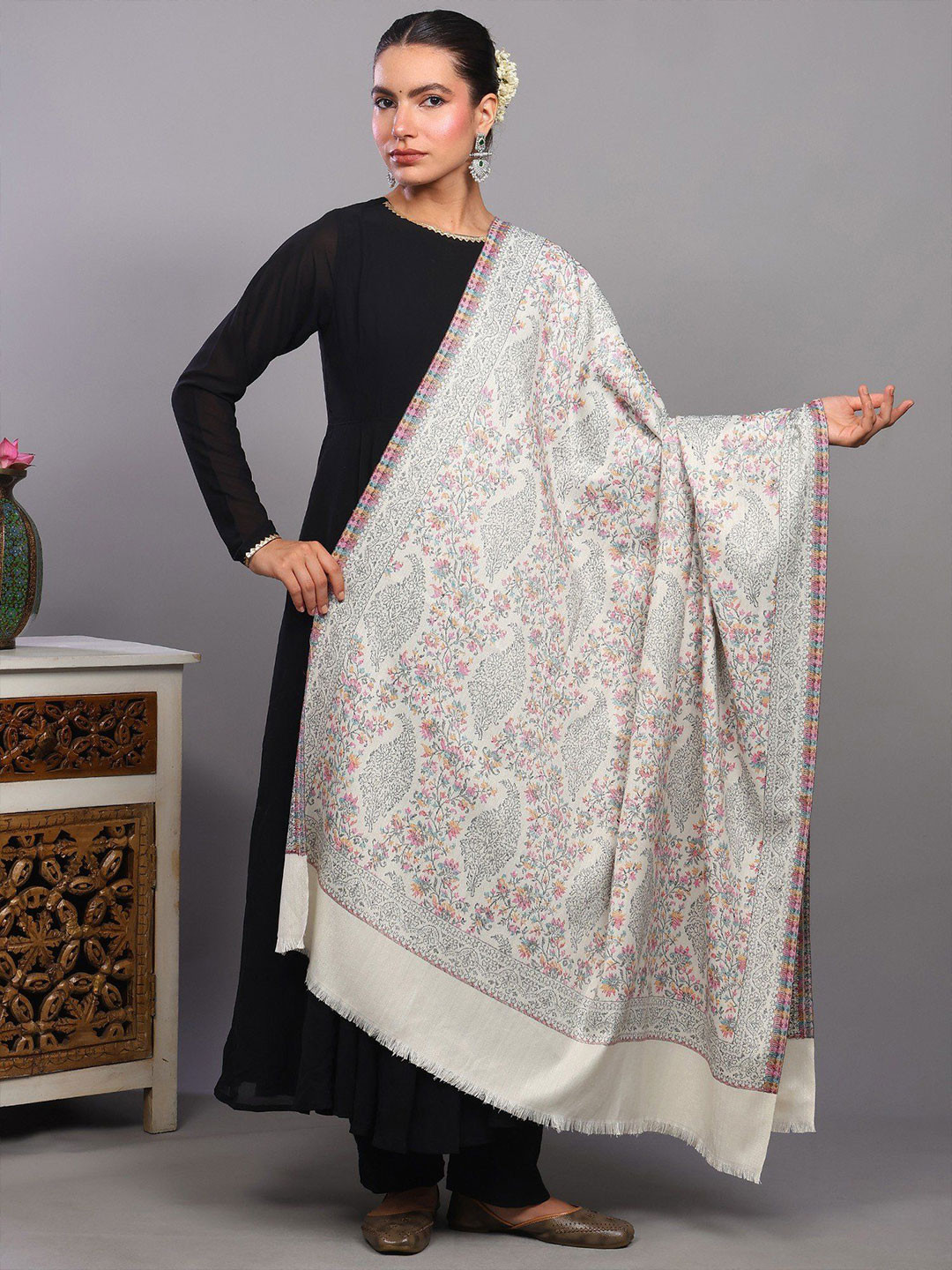Exotic India Floral Woven Design Woollen Shawl From Amritsar With Flowers & Paisleys Weave