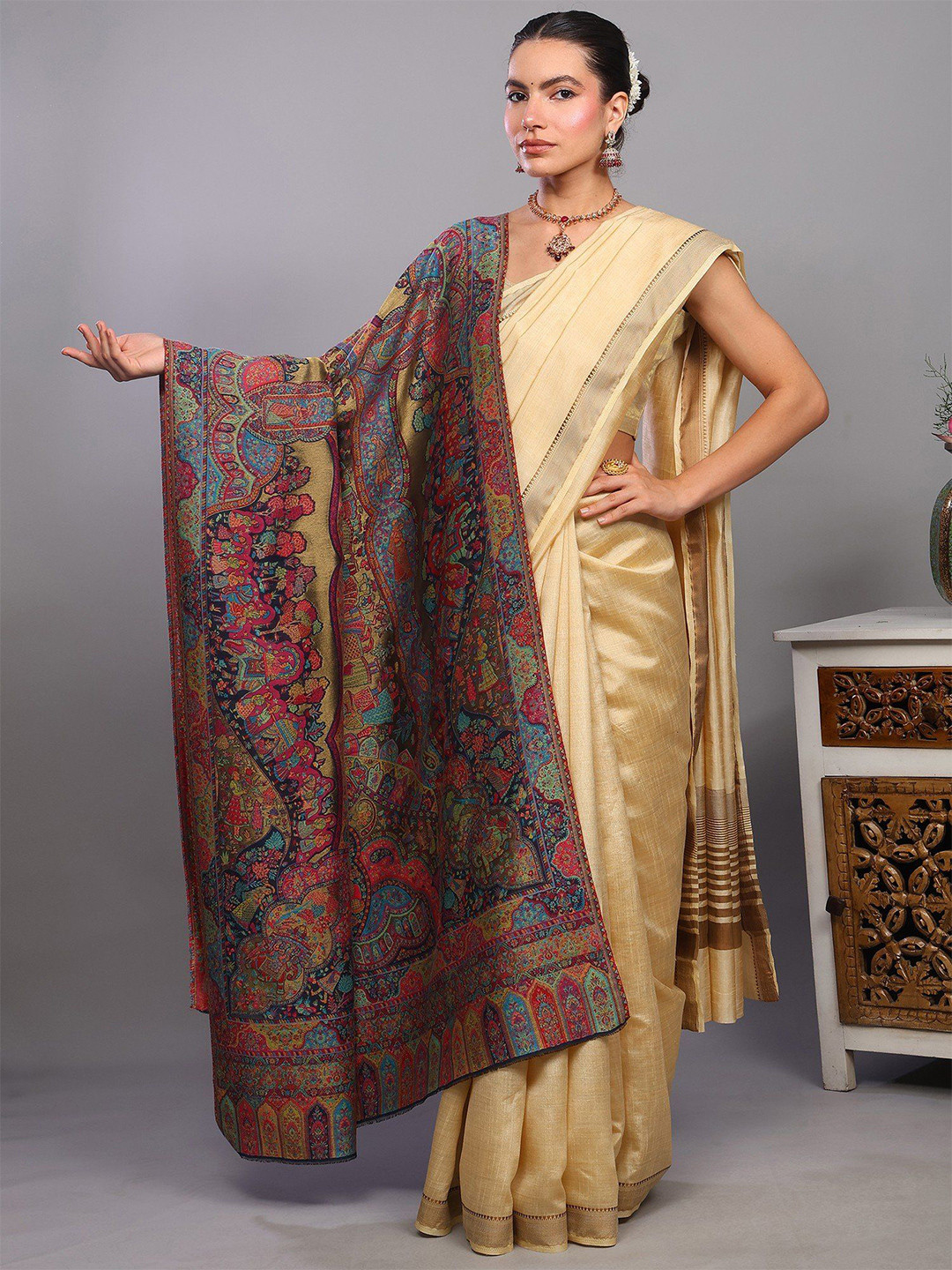Exotic India Woollen Kani Shawl With Woven Marriage Procession & Zari Weave