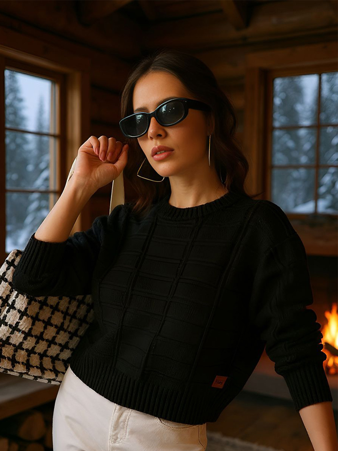 Campus Sutra Women Geometric Jacquard-Knit Pullover Sweater