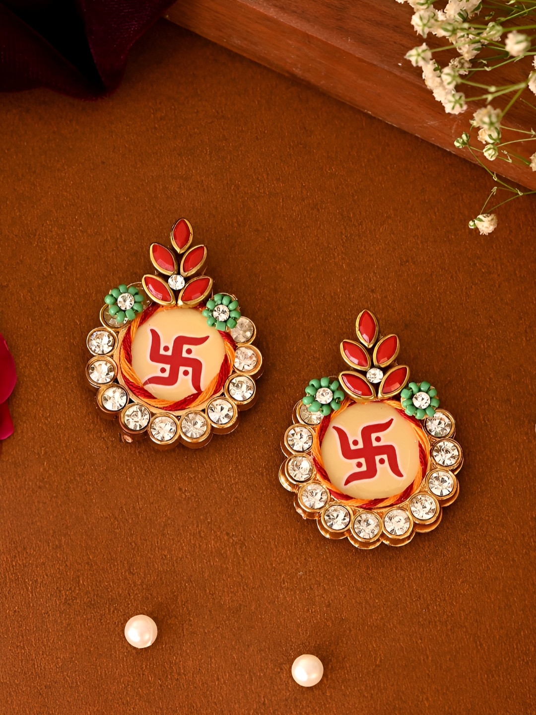 Aapno Rajasthan 2 Pieces Red & White Crystal Studded Swastik Wall Accents Festive Decor