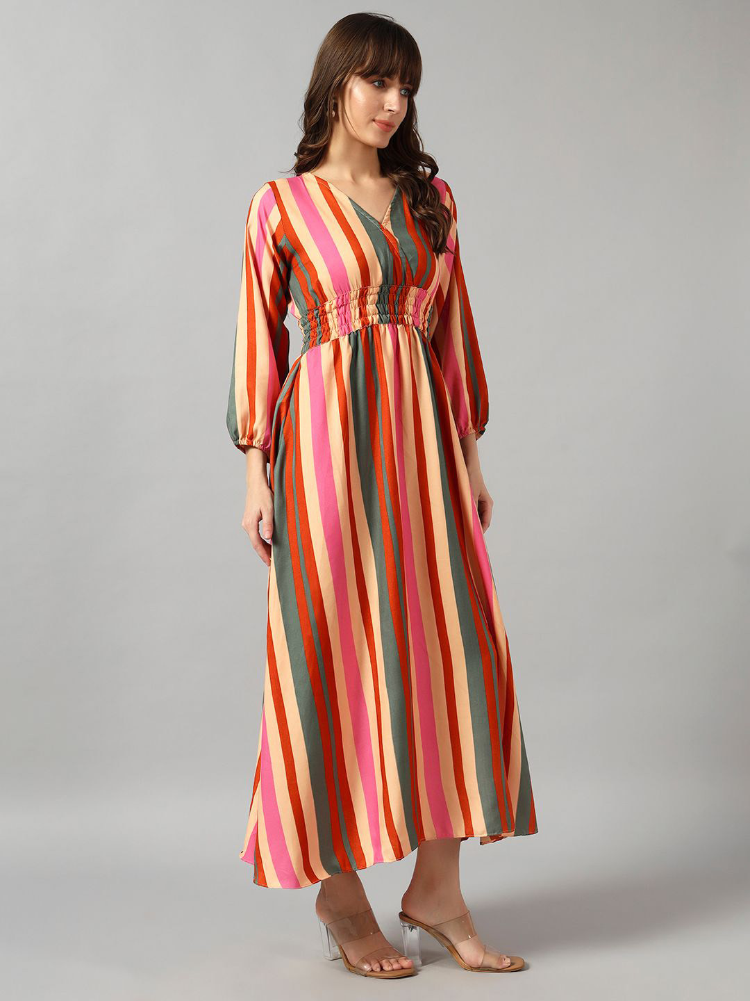 Femvy Striped Gathered Or Pleated A-Line Maxi Dress