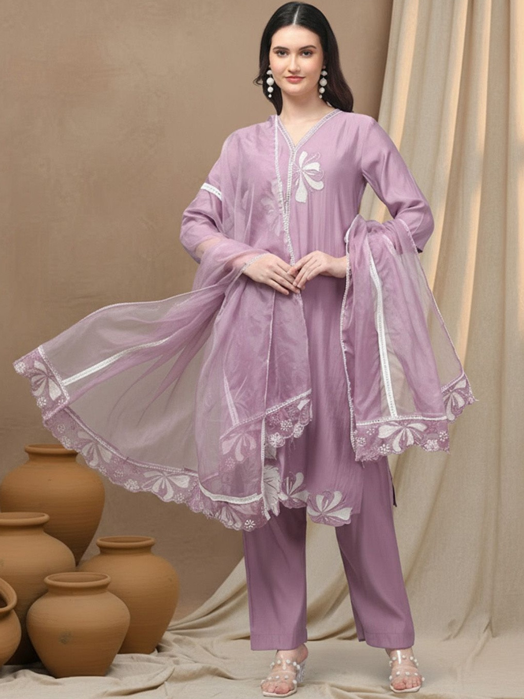 Aronita Floral Embroidered Mirror Work Pure Cotton Straight Kurta With Trousers & Dupatta
