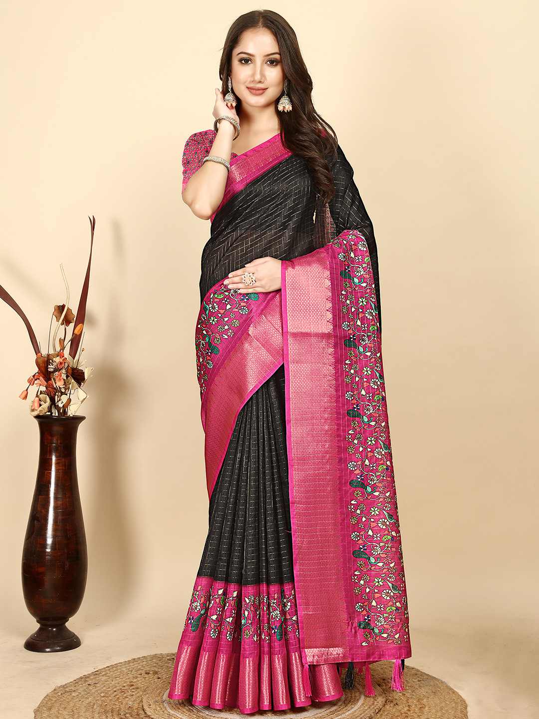 SSHAGUN LIFESTYLE Black & Pink Printed Hand Batik Cotton Silk Saree