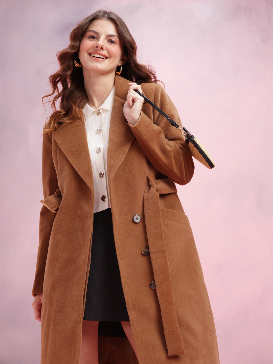 DressBerry Single-Breasted Knee Length Overcoat With Belt